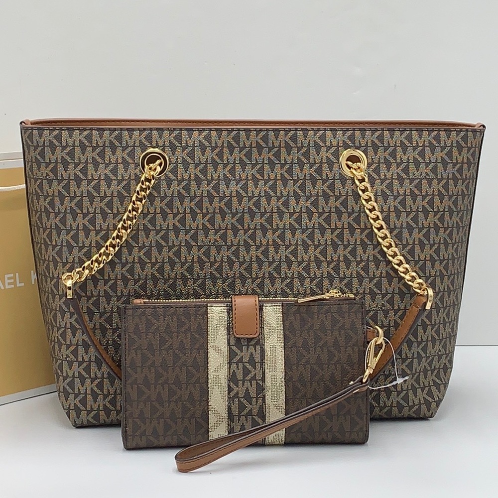MICHAEL KORS Metallic Logo Chain Tote Bag & LARGE DOUBLE ZIP WRISTLET WALLET - Picture 7 of 16